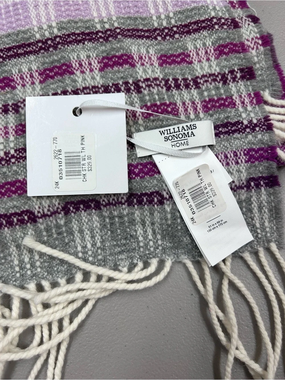 Williams Sonoma Home Checked Stripe Jacquard Wool Throw 51 x 68 Pink Purple NWT